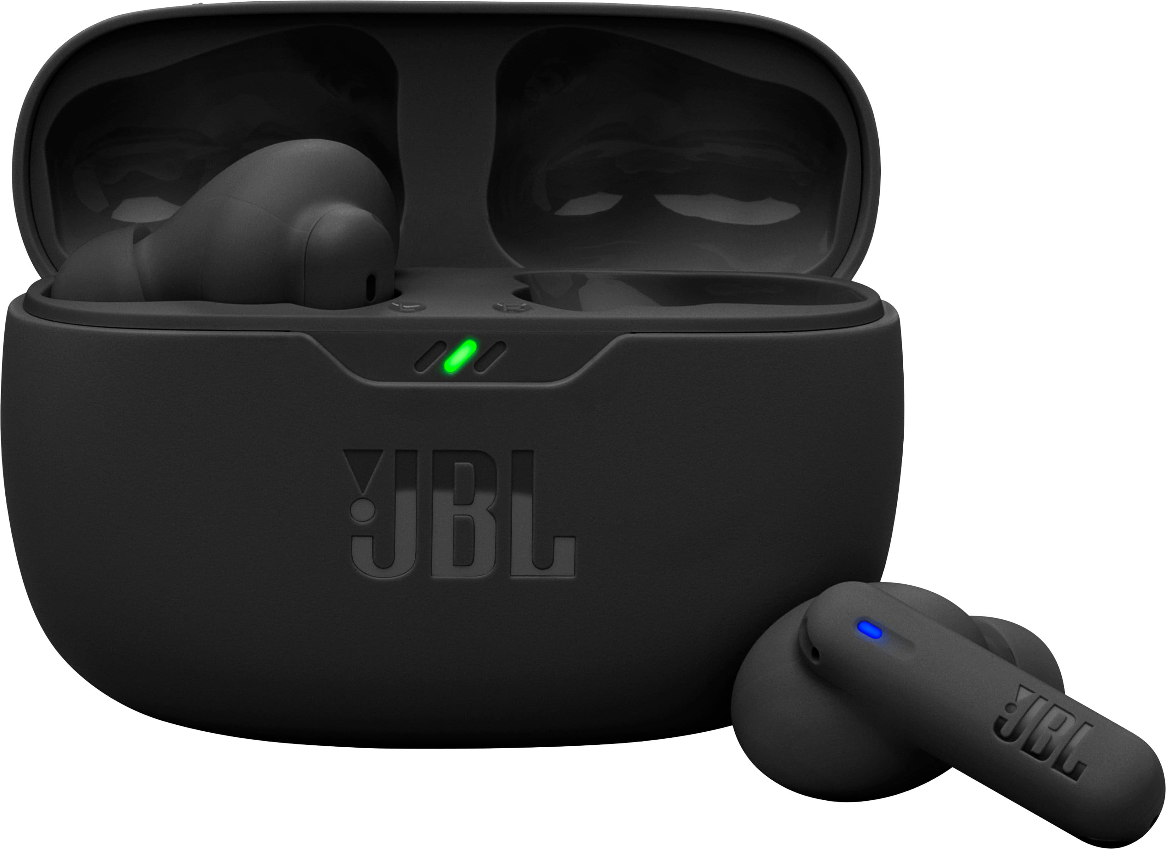JBL Vibe Beam 2 earbuds in Black, Pink, and White colors displayed with charging case
