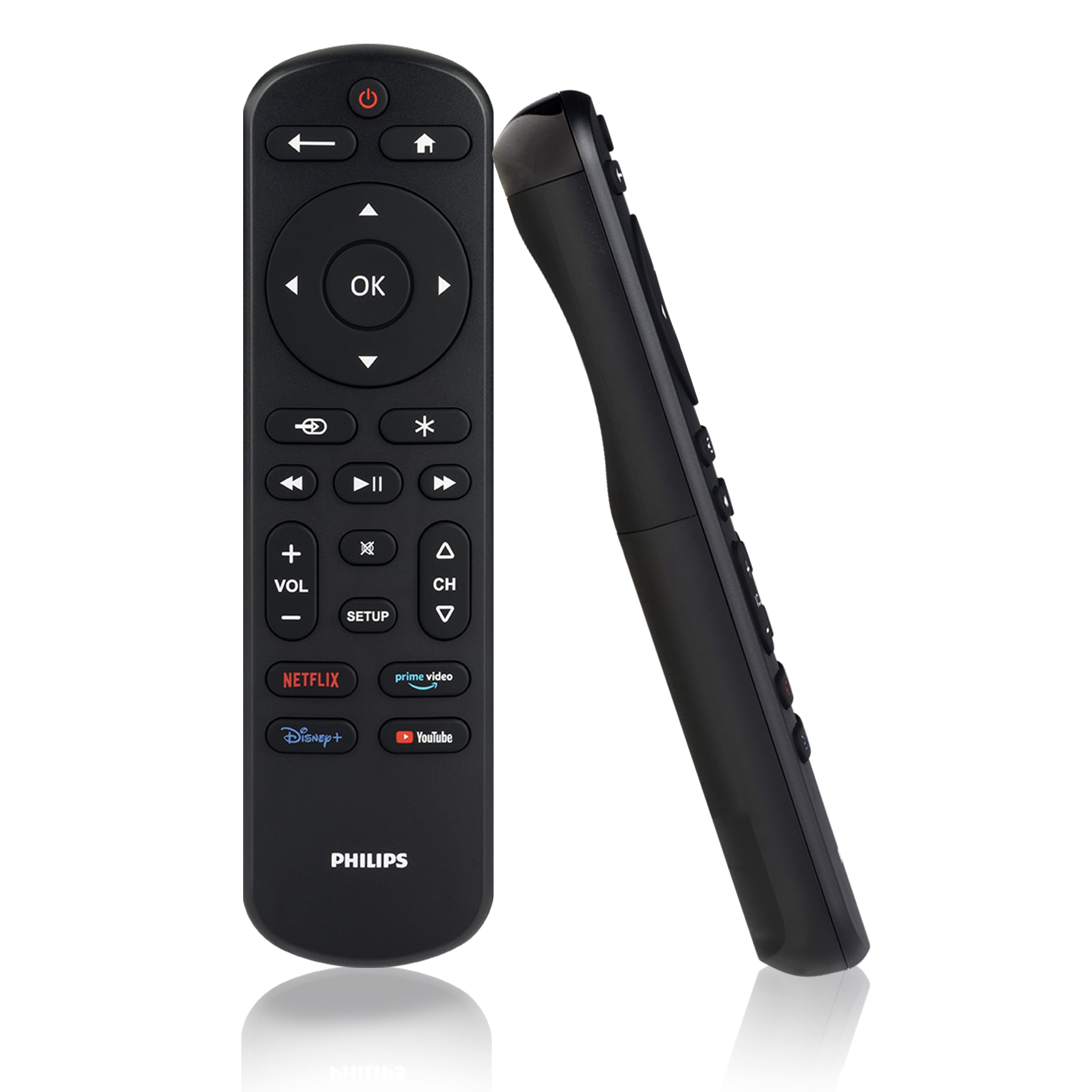 Philips OneTouch Streaming Remote displaying backlit buttons in a dark room