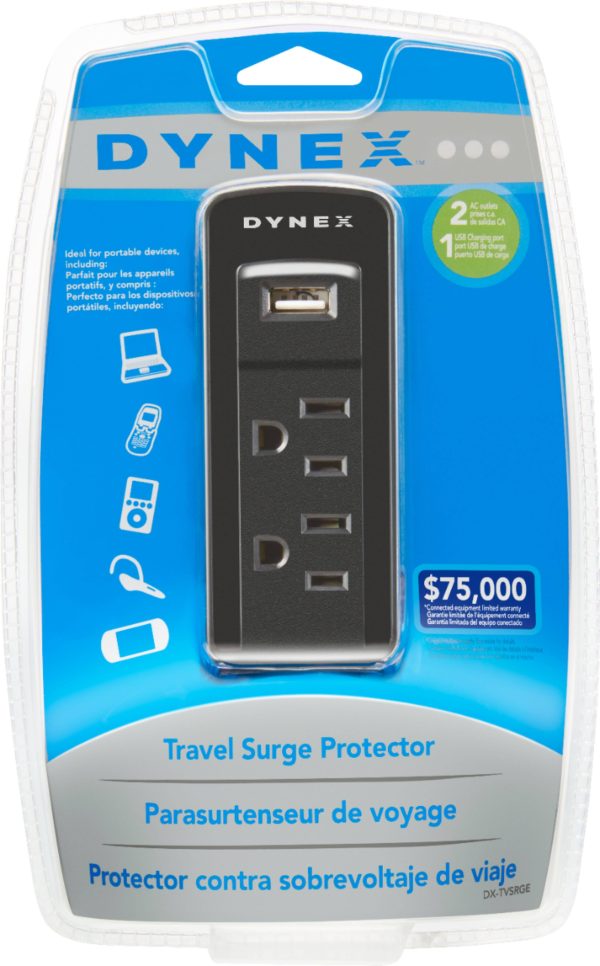 Dynex Travel Surge Protector with 2 Outlets and USB, 918 Joule Rating-3